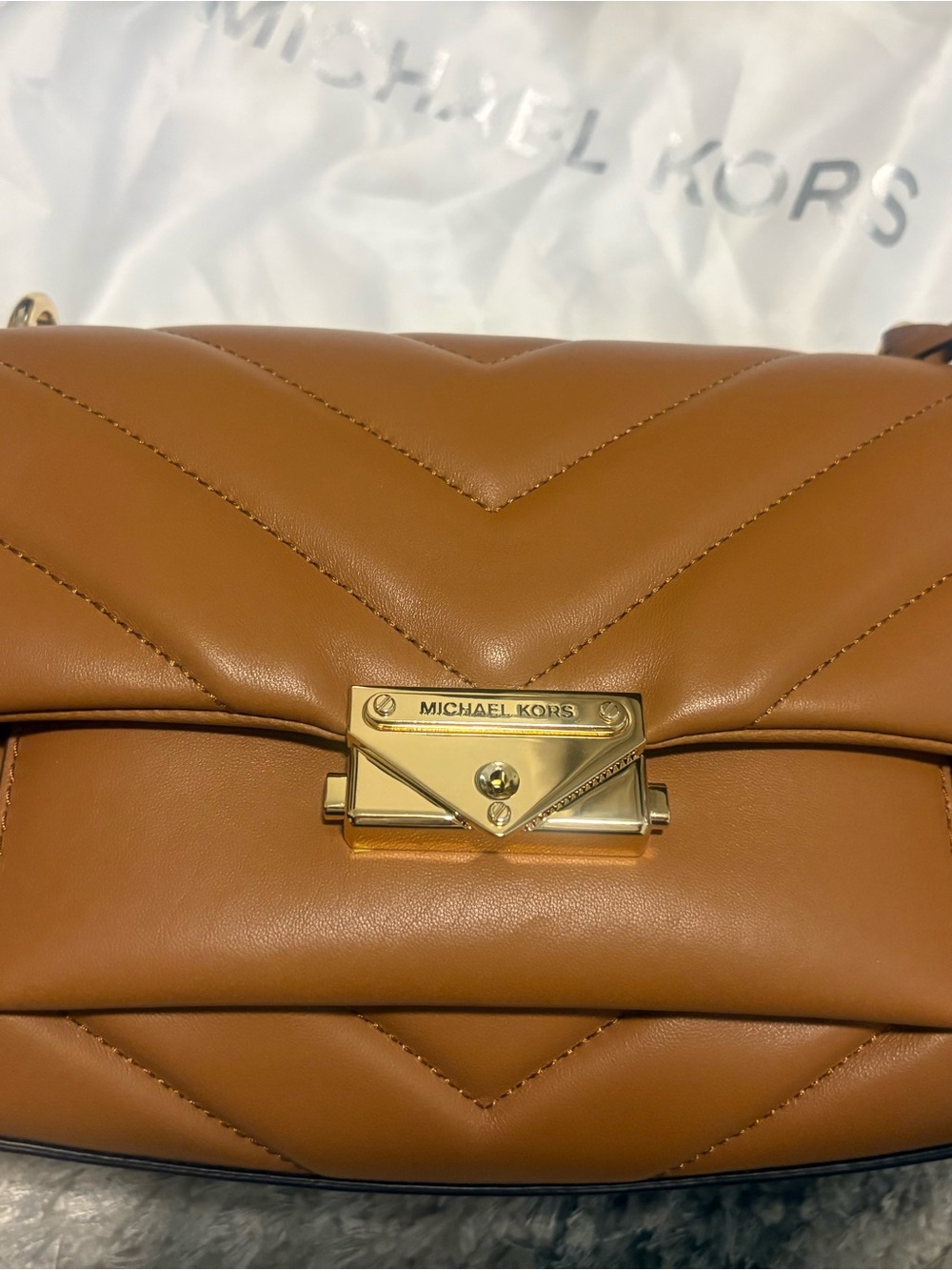 Michael Kors Cognac Quilted Leather Shoulder Bag with Gold Hardware